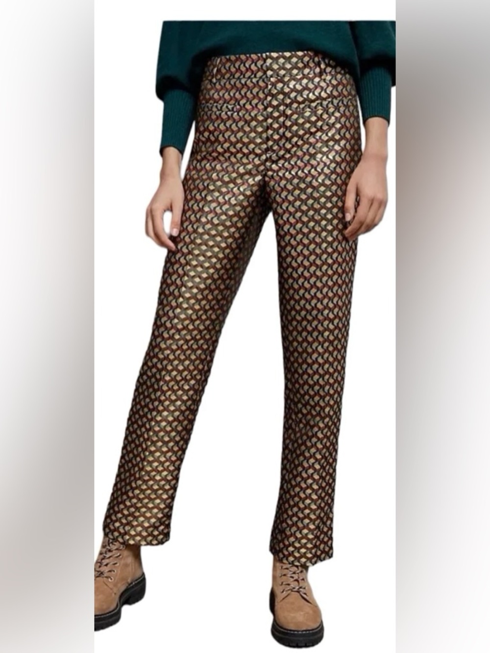 Anthropologie Metallic Geometric Straight-Leg Pants in Brown and Gold